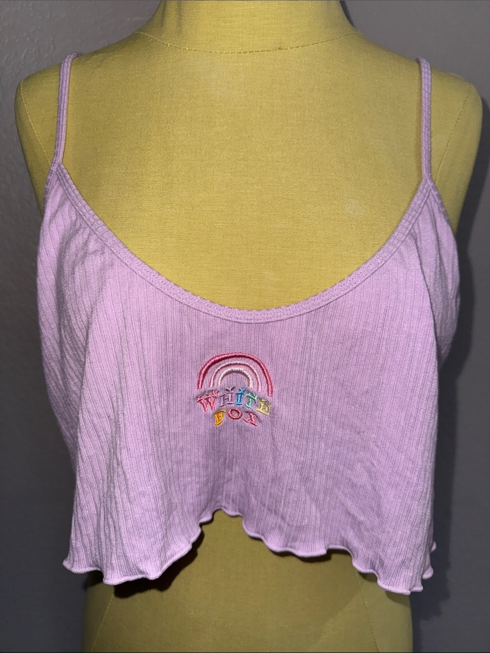 White Fox Lilac Purple Ribbed Crop Cami with Embroidery Rainbow size large